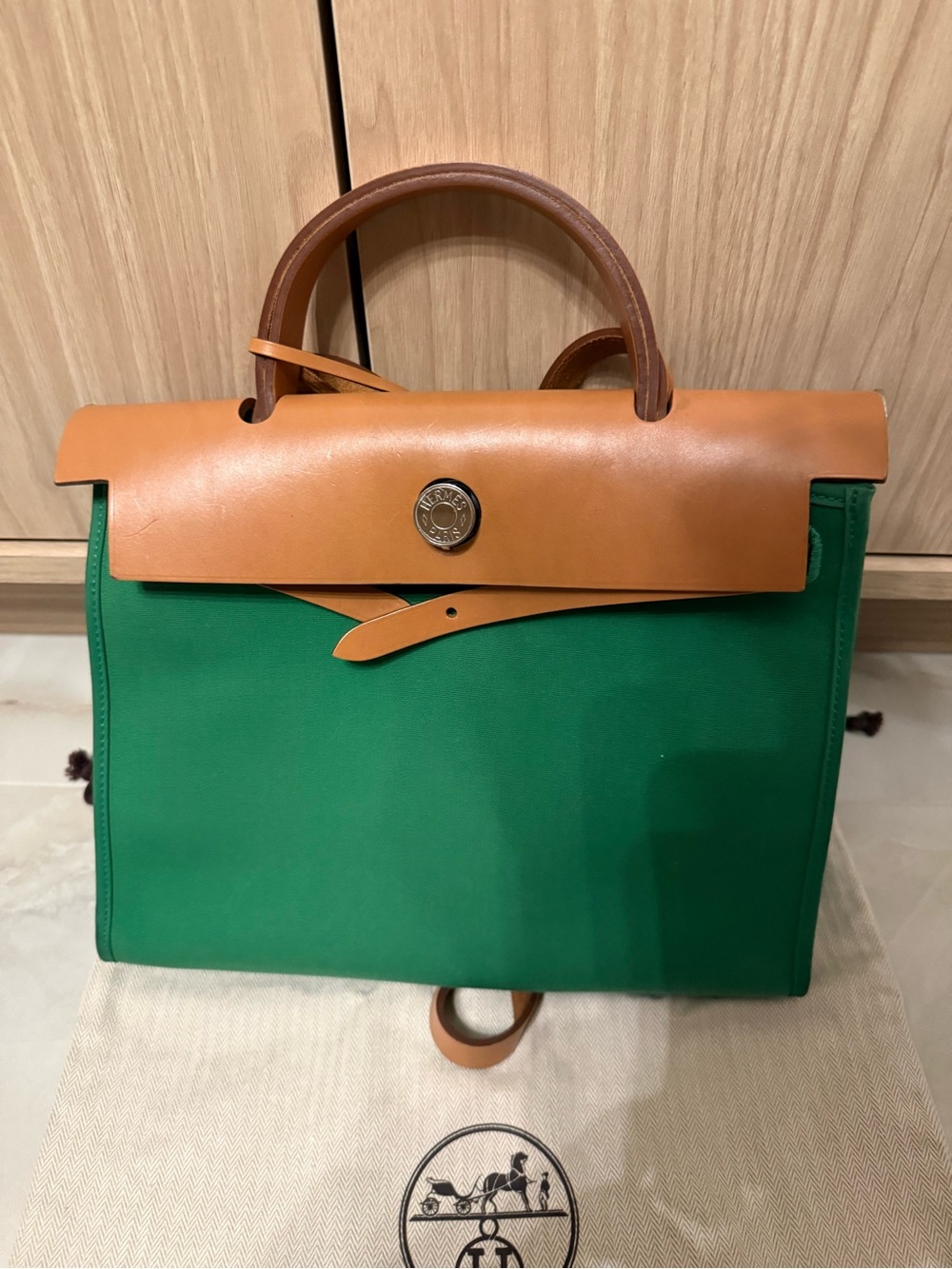HERMES Green Canvas and Tan Leather Top-Handle Bag